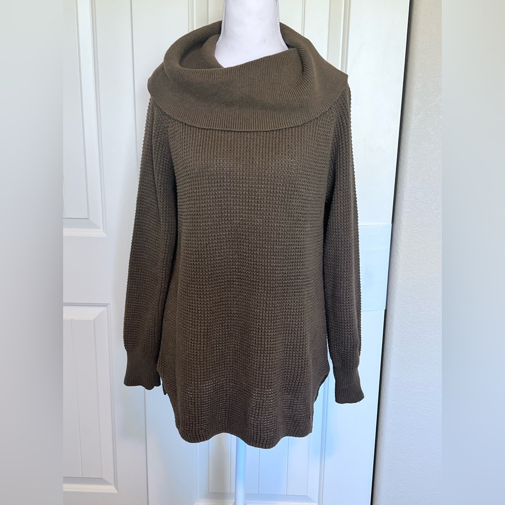Michael Kors cowl neck sweater waffle knit olive green/brown hues Sz Small